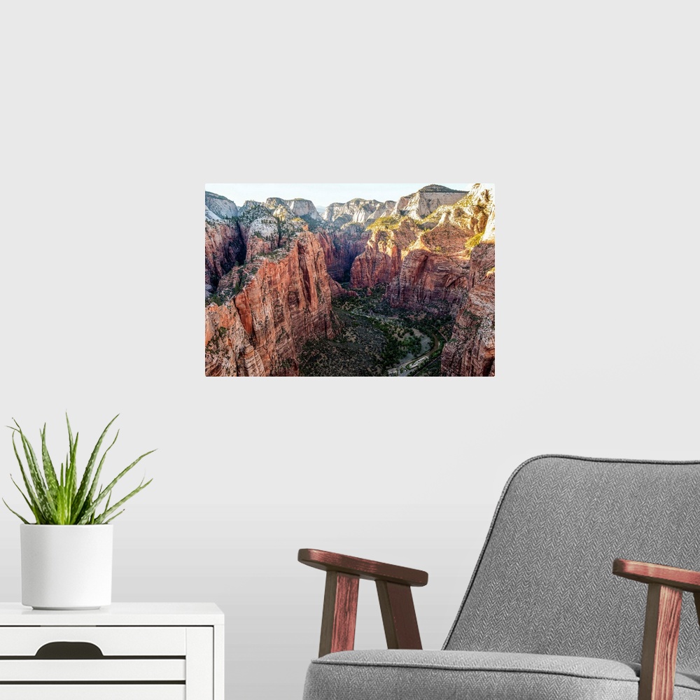A modern room featuring View of canyon near Temple of Sinawava from Angels Landing Trail in Zion National Park, Utah.