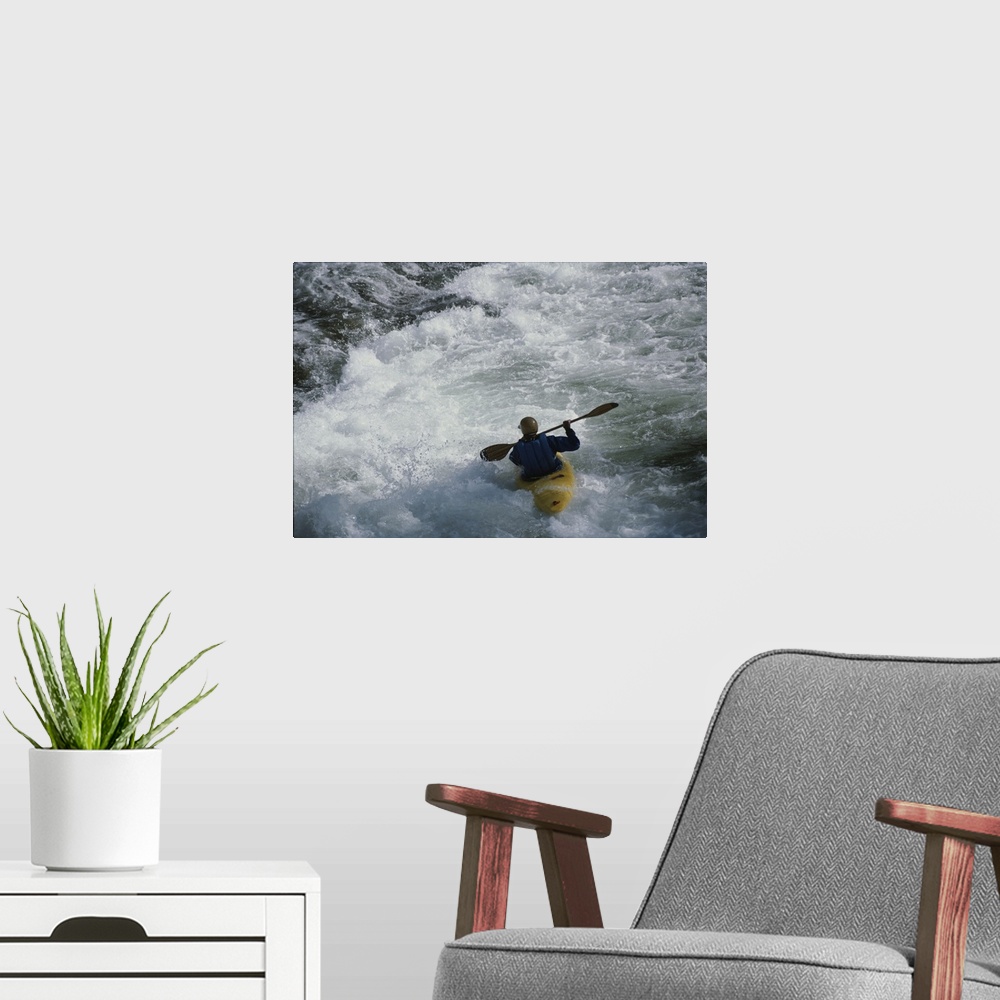 A modern room featuring A kayaker paddles through white-water rapids on the Snake River.
