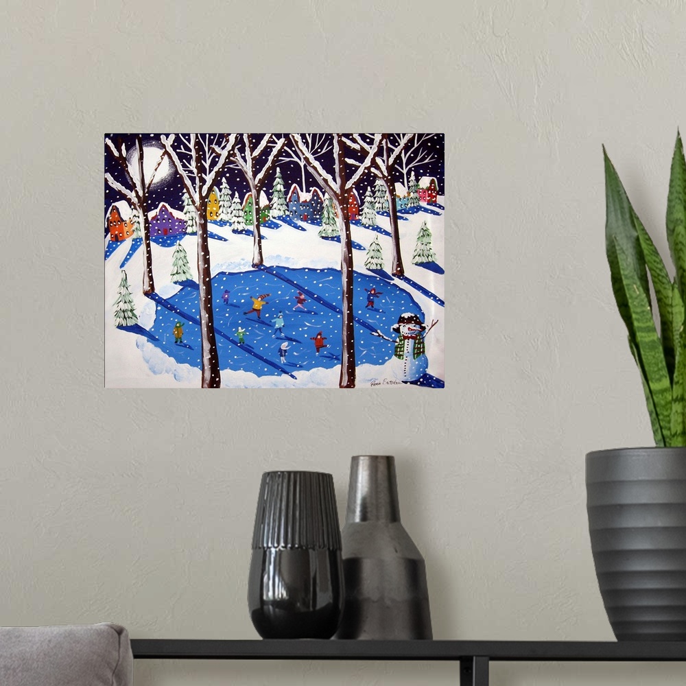 A modern room featuring Fun winter scene with the neighborhood kids skating on the pond in front of their colorful houses...