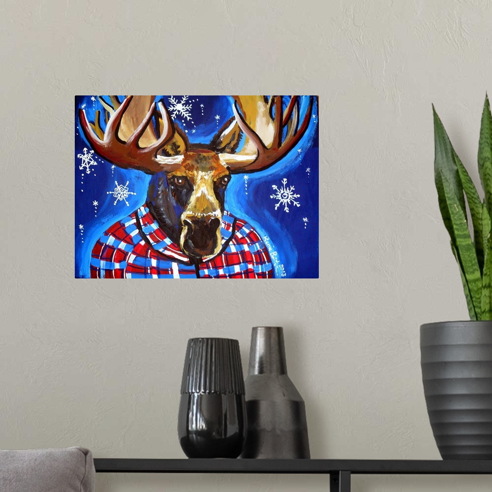 A modern room featuring Mystical Mahatma Moose with snowflakes in the background.