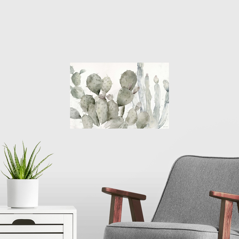 A modern room featuring A decorative watercolor painting of a group of cactus in a garden.