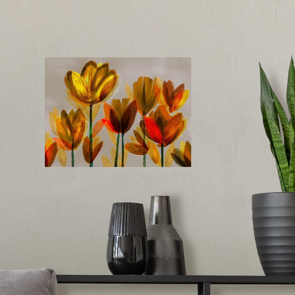 A modern room featuring A contemporary painting of bright yellow and orange poppies in broad brush strokes on a neutral b...