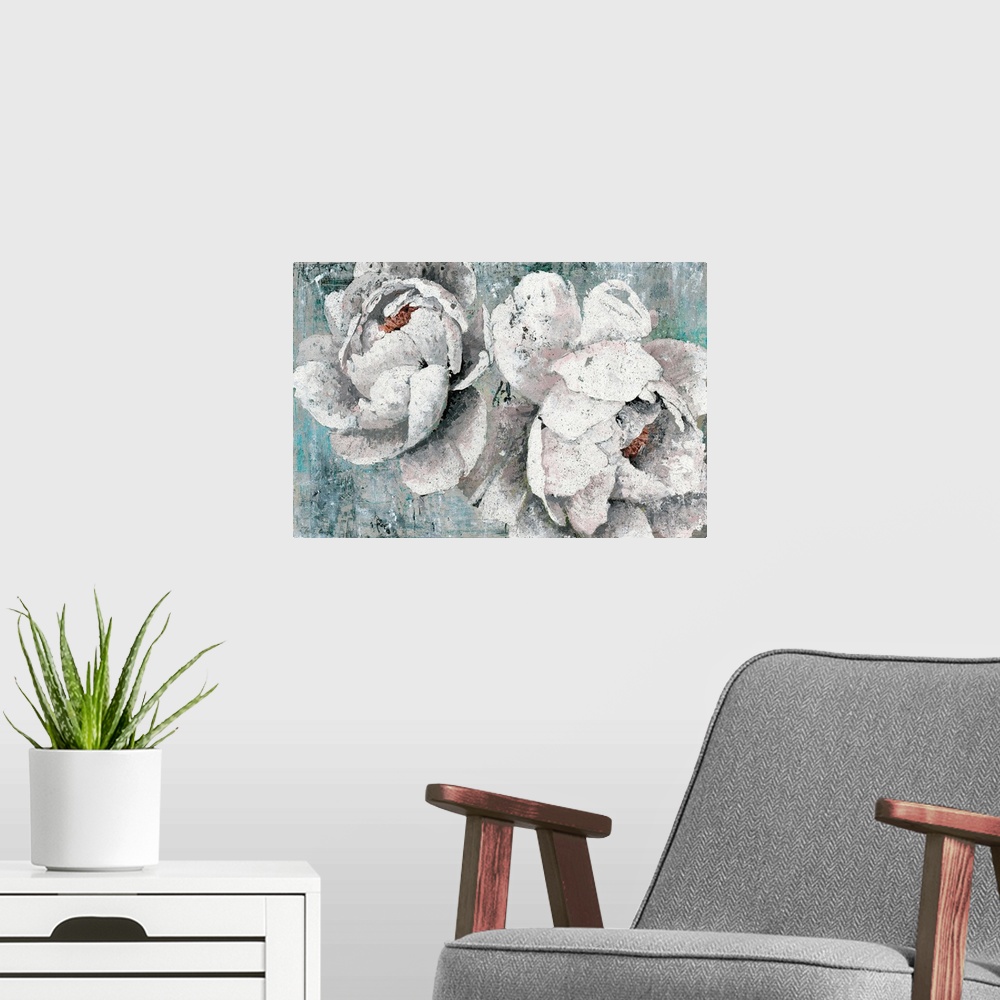 A modern room featuring A contemporary still life painting of a white bloomed flowers with a teal background with black s...