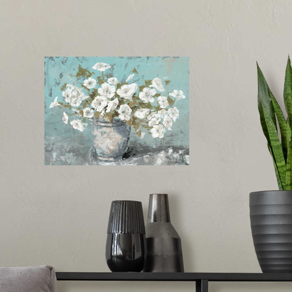 A modern room featuring A contemporary still life painting of a vase full of white bloomed flowers with a teal background.