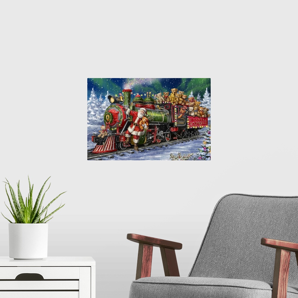 A modern room featuring Decorative image of a green and red Santa Express train full of Teddy Bears with Santa riding in ...