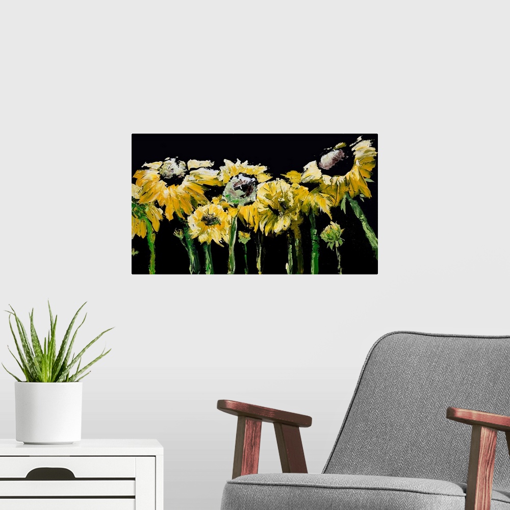 A modern room featuring Sunflower Field On Black