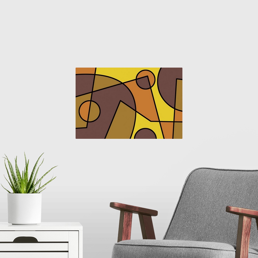 A modern room featuring Geometric abstract design in gold, orange and violet.