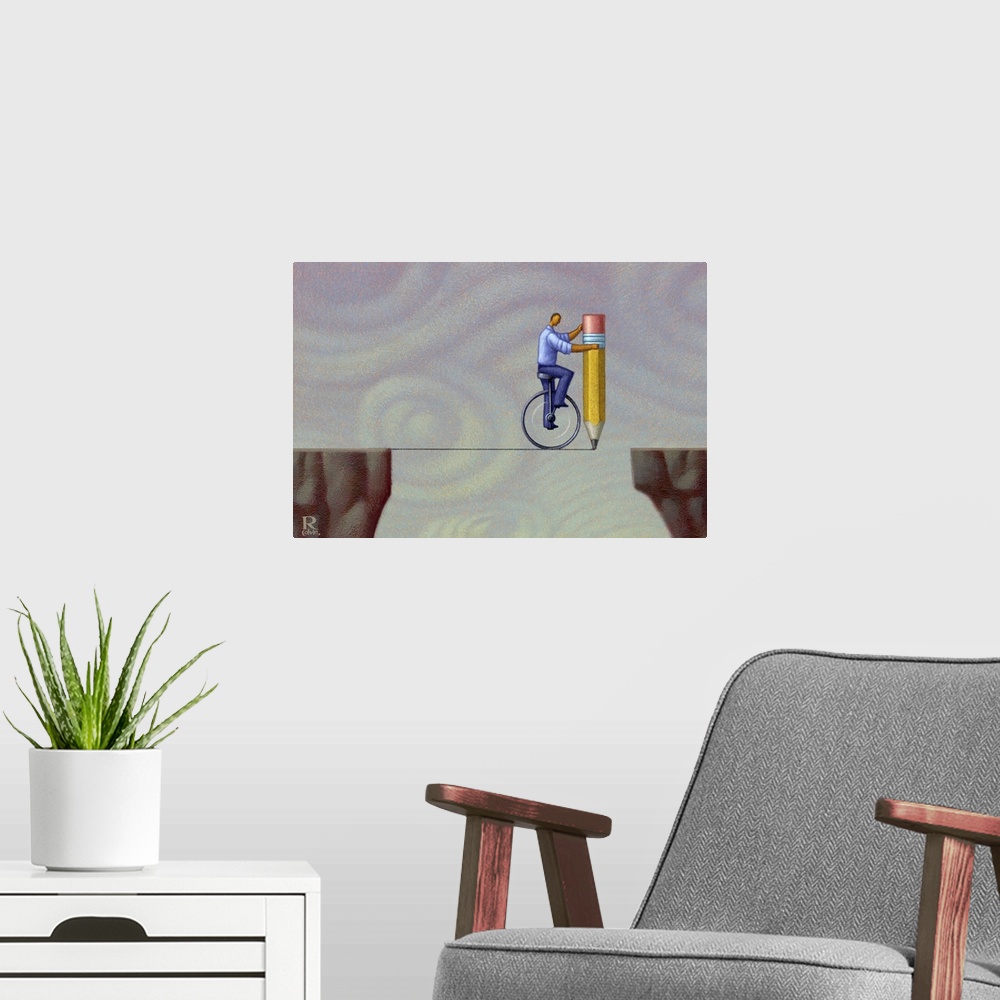 A modern room featuring Conceptual painting of a man crossing a void through the power of his ingenuity.