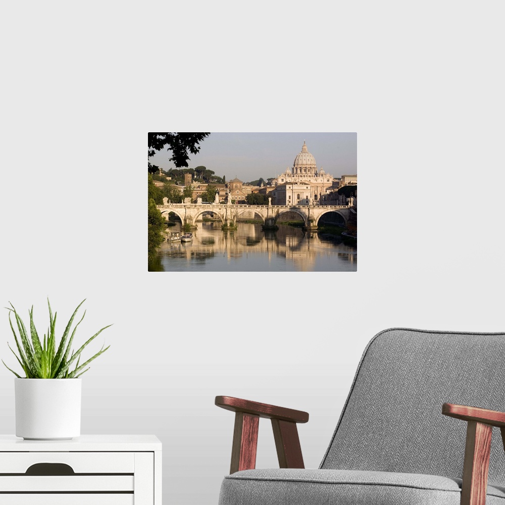 A modern room featuring A view of the S. Angelo bridge on the Tiber River, Rome, Lazio, Italy, Europe
