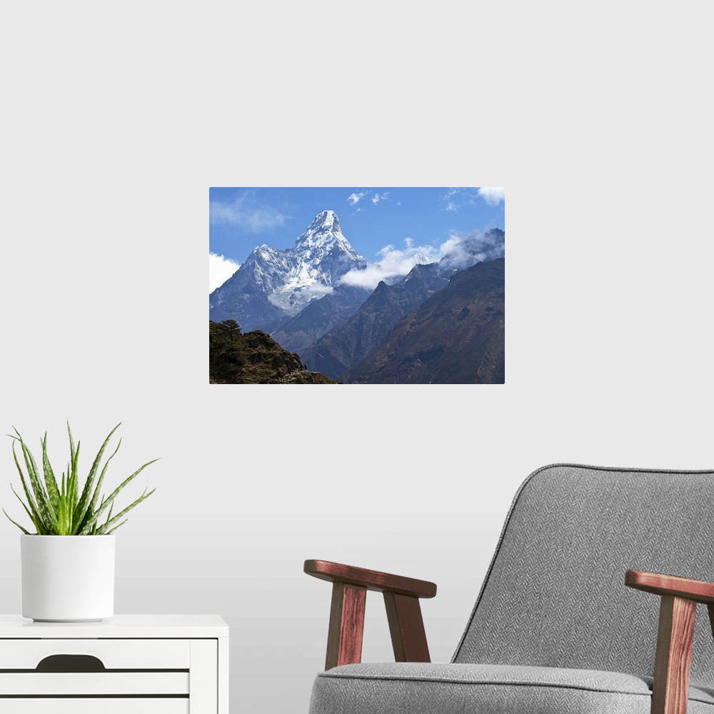 A modern room featuring Ama Dablam from trail between Namche Bazaar and Everest View Hotel, Nepal, Himalayas, Asia.