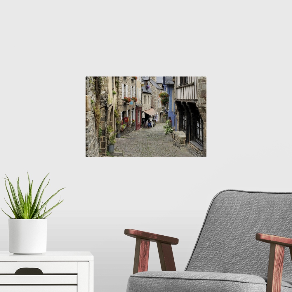 A modern room featuring Ancient cobbled street and houses, Rue du Petit Fort, Cotes-d'Armor, Brittany, France