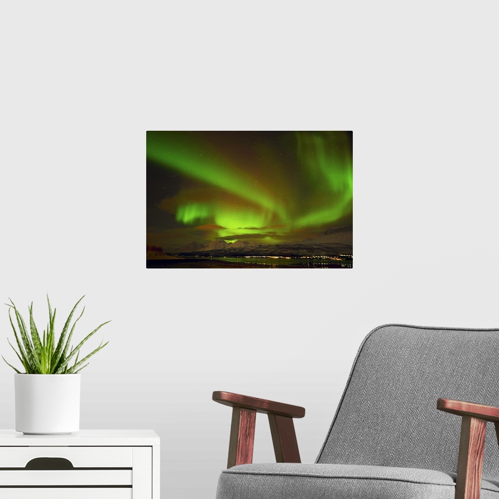 A modern room featuring Aurora borealis seen over the Lyngen Alps, from Sjursnes, Ullsfjord, Troms, North Norway