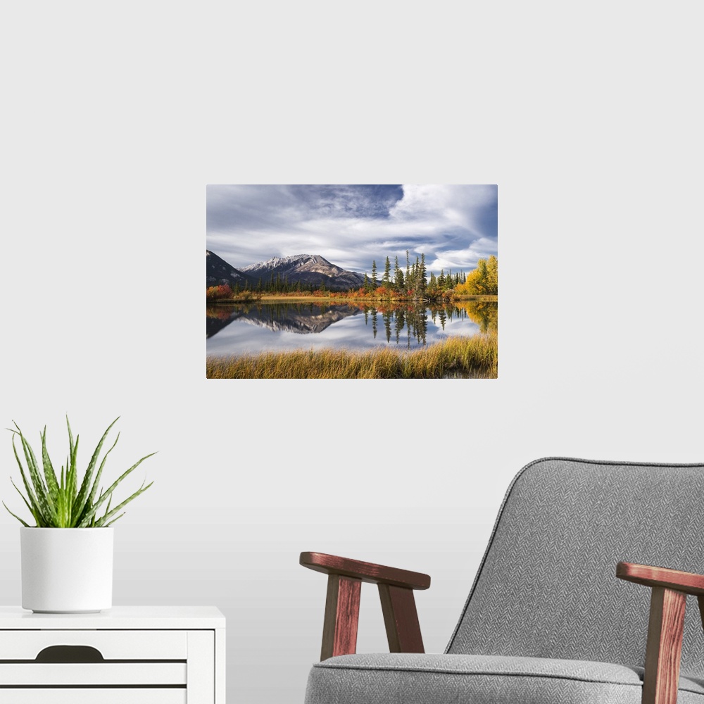A modern room featuring Autumn foliage and mountain lake, Jasper National Park, UNESCO World Heritage Site, Canadian Rock...