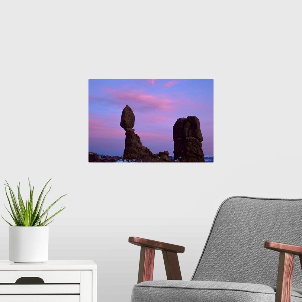 A modern room featuring Balanced Rock at dusk, Arches National Park, Utah