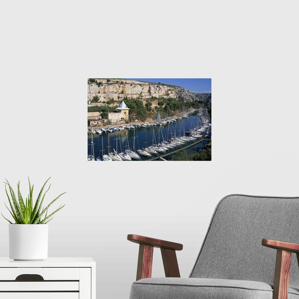 A modern room featuring Boats moored in harbour, Port Miou, Bouches du Rhone, France