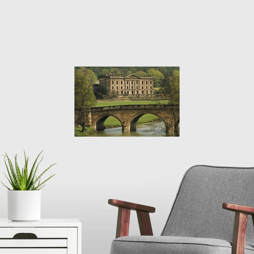 A modern room featuring Bridge over the river and Chatsworth House, Derbyshire, England, UK