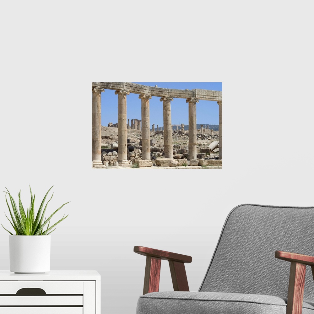 A modern room featuring Cardo Maximus colonnaded street, Roman city, Jerash, Jordan