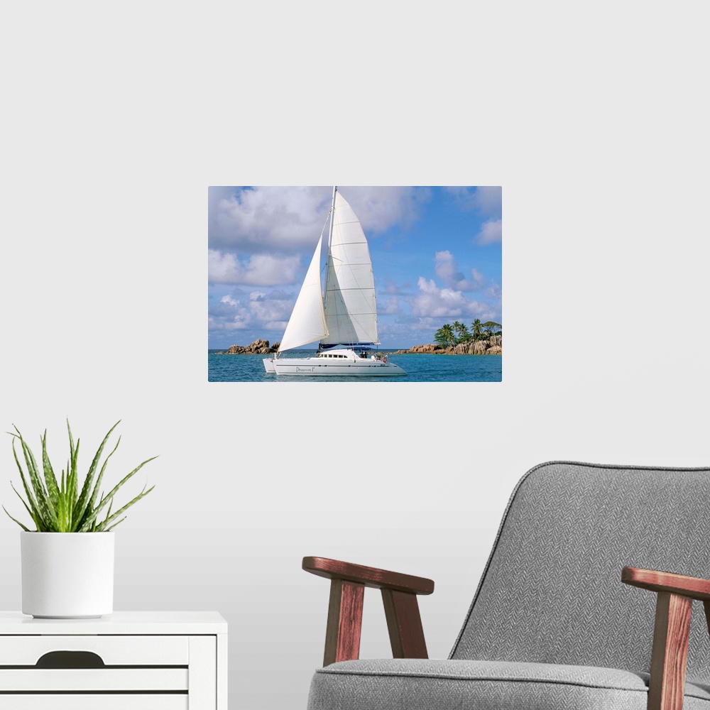 A modern room featuring Catamaran, island of Praslin, Seychelles, Indian Ocean, Africa