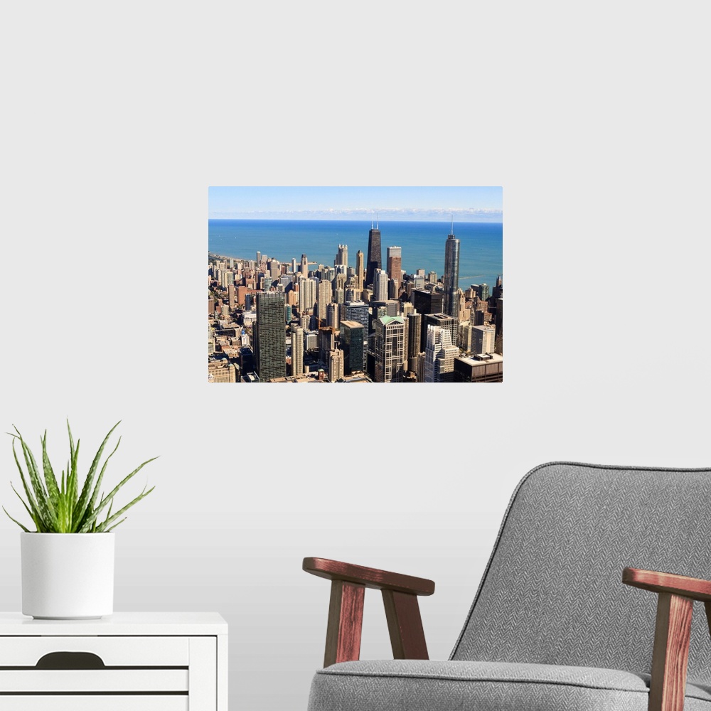 A modern room featuring Chicago city skyline and Lake Michigan, Chicago, Illinois, USA