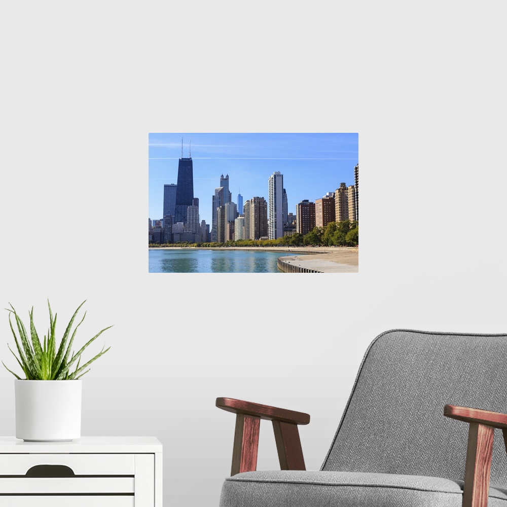A modern room featuring Chicago cityscape from North Avenue Beach, Chicago, Illinois