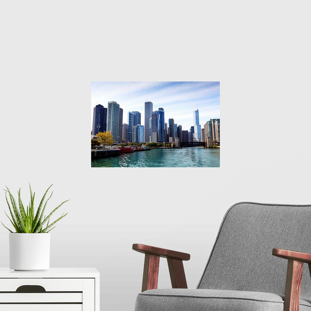 A modern room featuring City skyline from the Chicago River, Chicago, Illinois, USA
