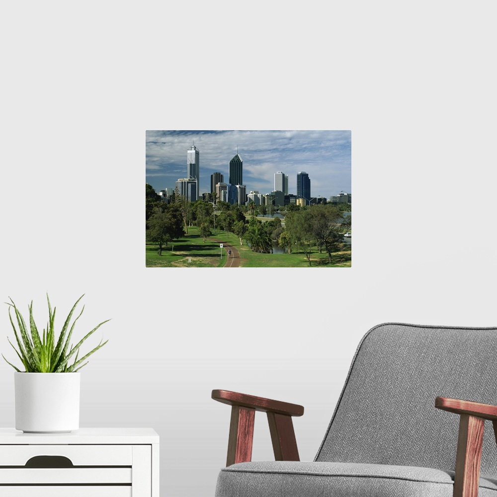 A modern room featuring City skyline viewed over park, Perth, Western Australia, Australia, Pacific