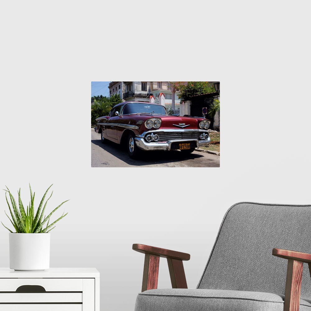 A modern room featuring Classic Chevrolet Impala saloon car, Vedado, Havana, Cuba, West Indies