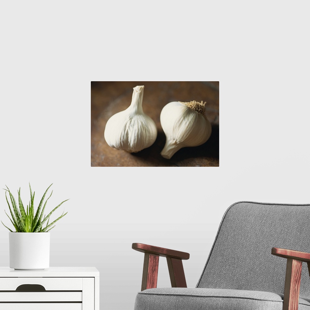 A modern room featuring Close-up of two heads of garlic