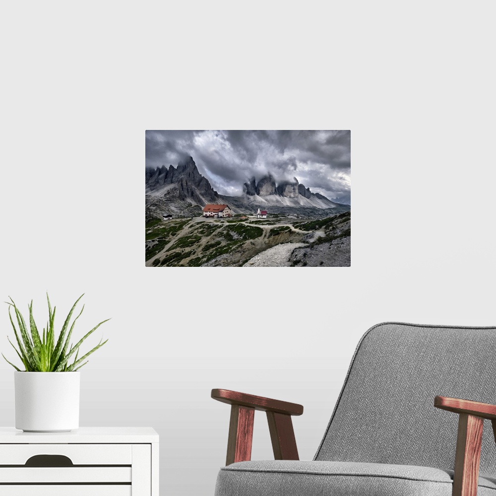 A modern room featuring Cloudy day on Locatelli hut and Three Peaks in the Dolomites, Trentino-Alto Adige, Italy, Europe