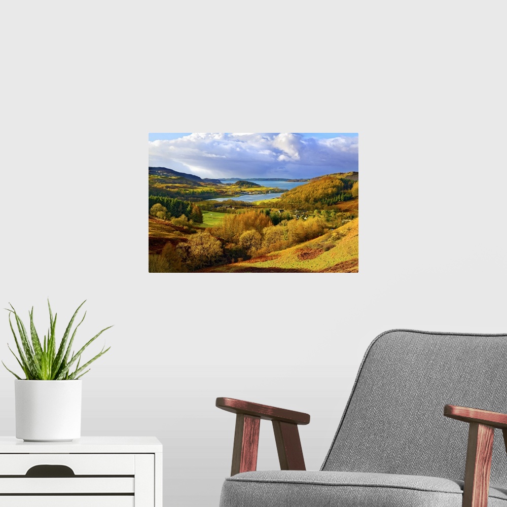A modern room featuring A scenic autumn view of a coastal landscape in the Scottish Highlands, looking towards Loch Melfo...