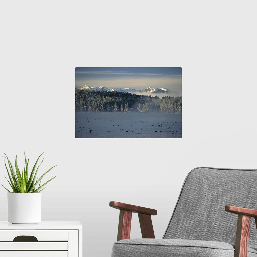 A modern room featuring Dawn breaking over Georgetown Lake at Southern Cross, Rocky Mountains, Montana