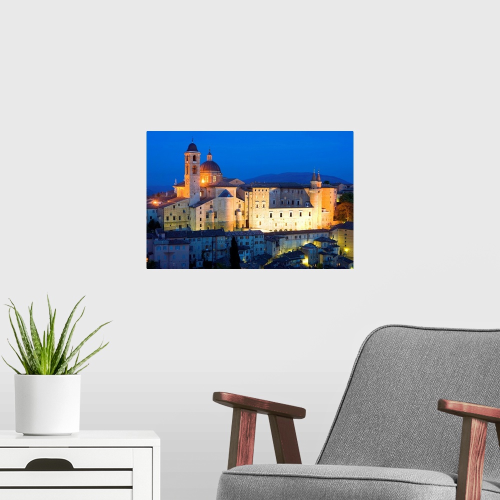 A modern room featuring Ducal Palace at night, Urbino, Le Marche, Italy, Europe