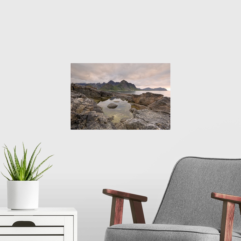 A modern room featuring Dusk over Flakstad, Flakstadoya, Lofoten Islands, Norway, Scandinavia