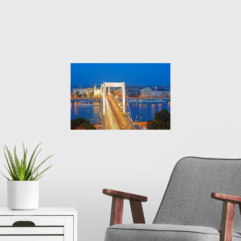 A modern room featuring Elizabeth Bridge, Banks of the Danube, UNESCO World Heritage Site, Budapest, Hungary, Europe.