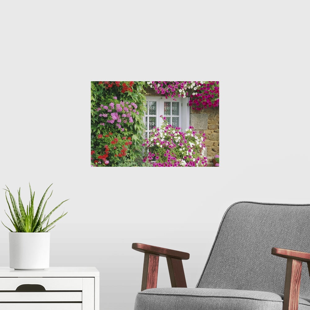 A modern room featuring Farmhouse window surrounded by flowers, lIle-et-Vilaine, Brittany, France