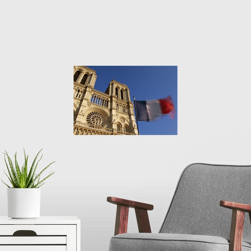 A modern room featuring French flag and Notre Dame de Paris, Christian cathedral, Paris, France