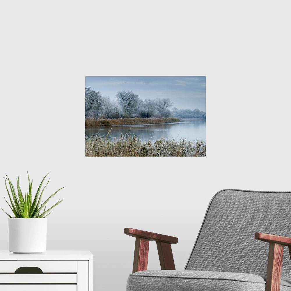 A modern room featuring A scenic view shows frosty conditions at Cotswold Water Park, Gloucestershire, England, United Ki...