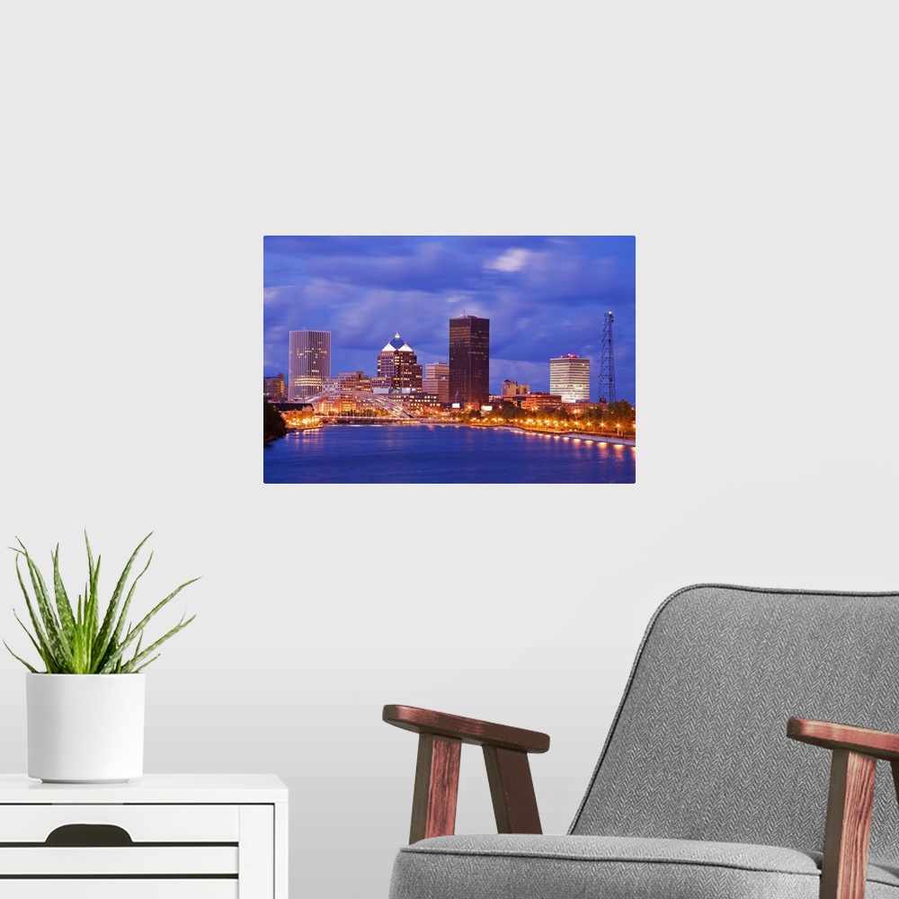 A modern room featuring Genesee River and Rochester skyline, New York State