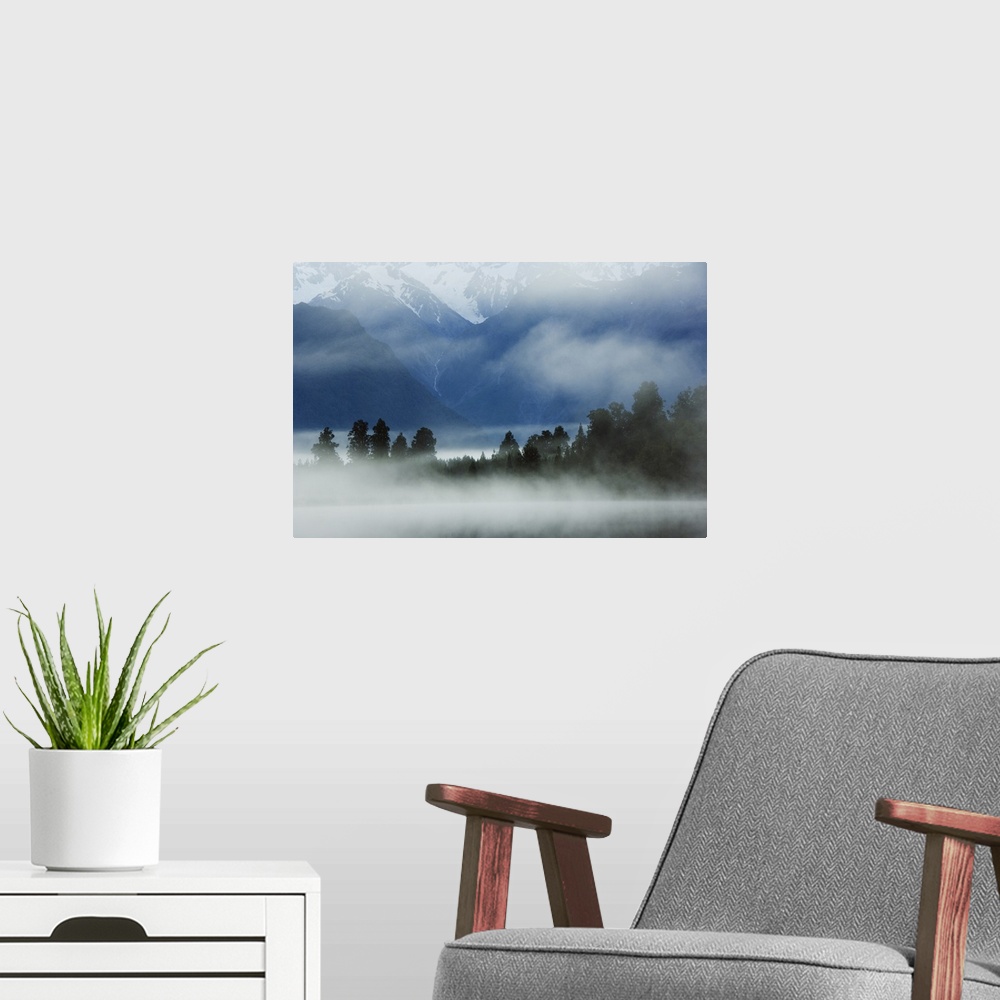 A modern room featuring Lake Matheson in early morning mist, South Island, New Zealand, Pacific