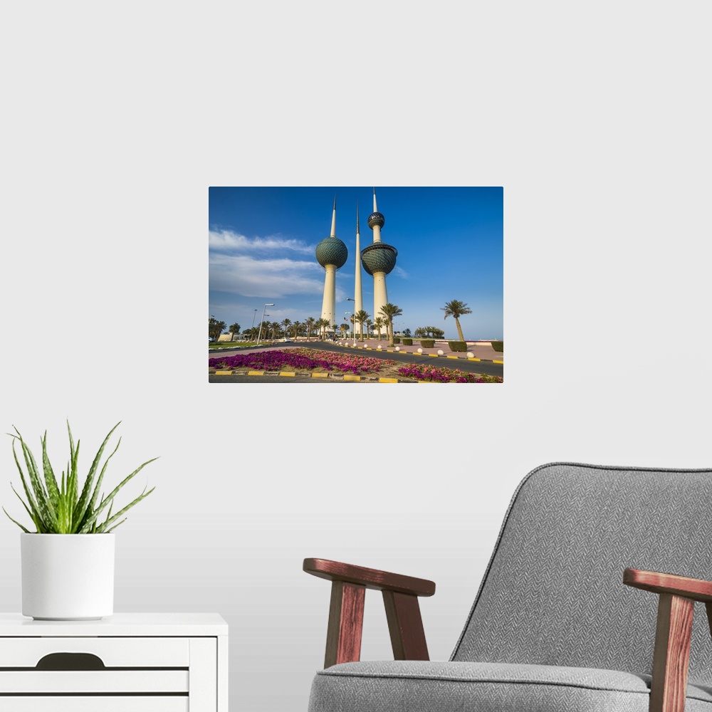 A modern room featuring Landmark Kuwait towers in Kuwait City, Kuwait
