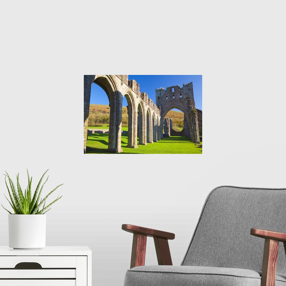A modern room featuring Llanthony Priory, Brecon Beacons, Wales, UK