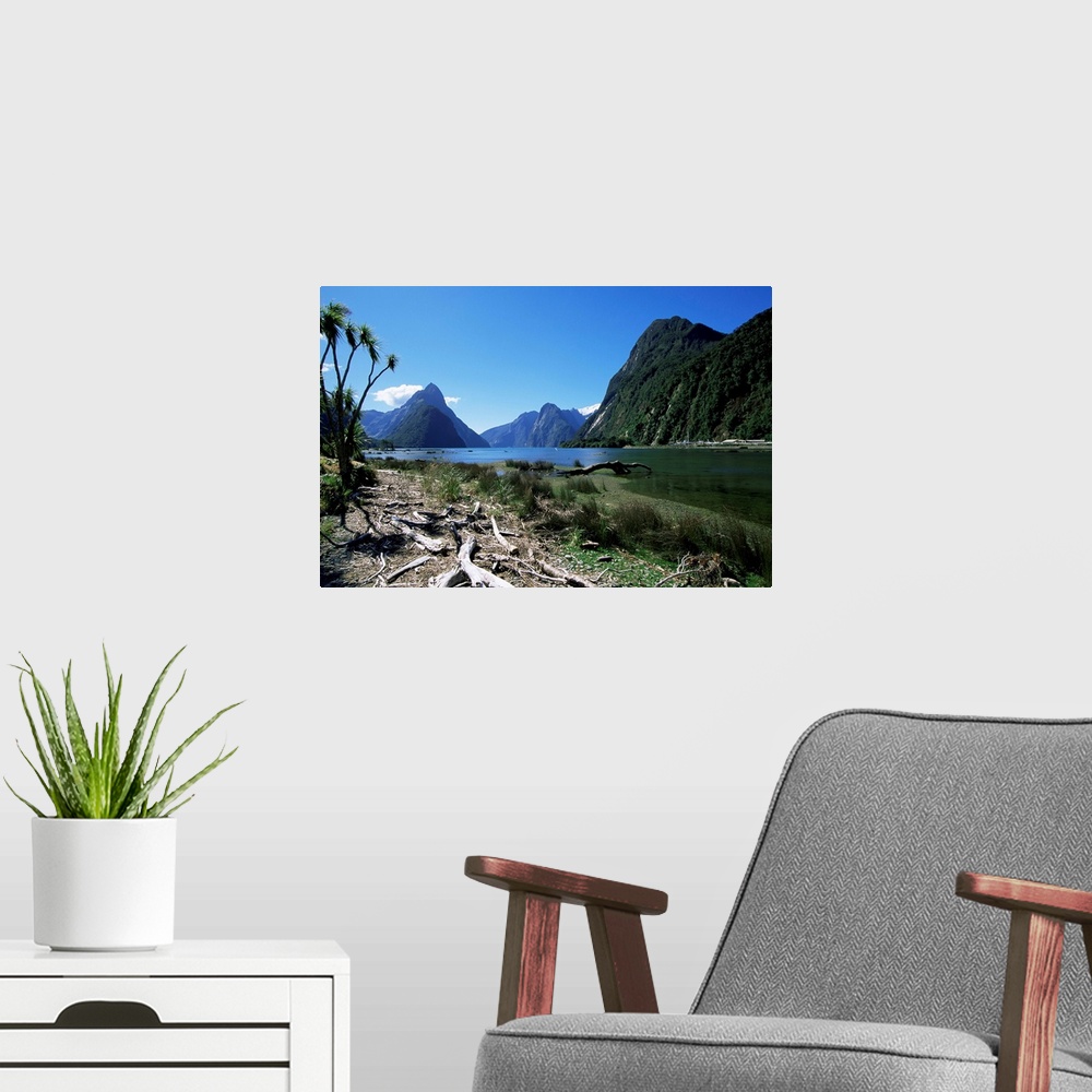 A modern room featuring Mitre Peak, Milford Sound, Otago, South Island, New Zealand, Pacific