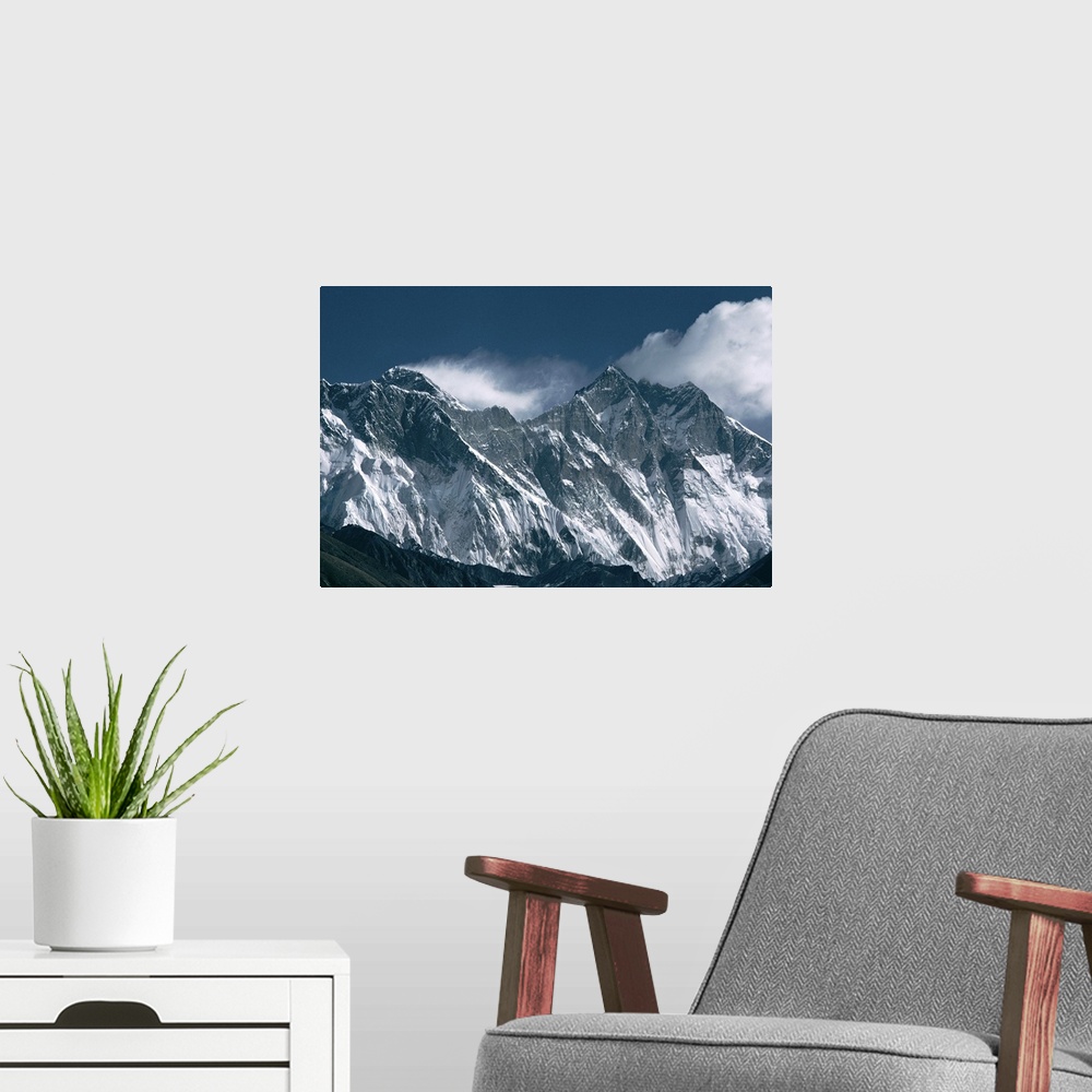 A modern room featuring Mount Everest, seen over Nuptse ridge, Himalayas, Nepal, Asia