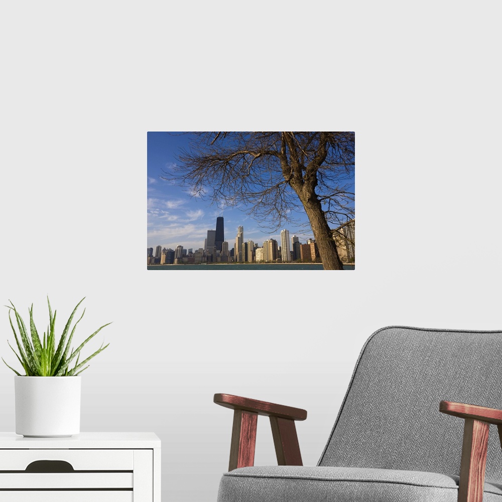 A modern room featuring Near North city skyline and Hancock Tower, Chicago, Illinois