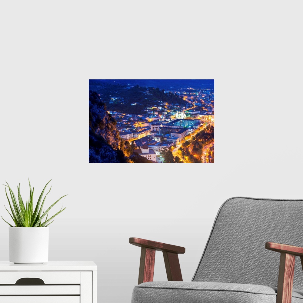 A modern room featuring Night view of Berat, UNESCO World Heritage Site, Albania, Europe