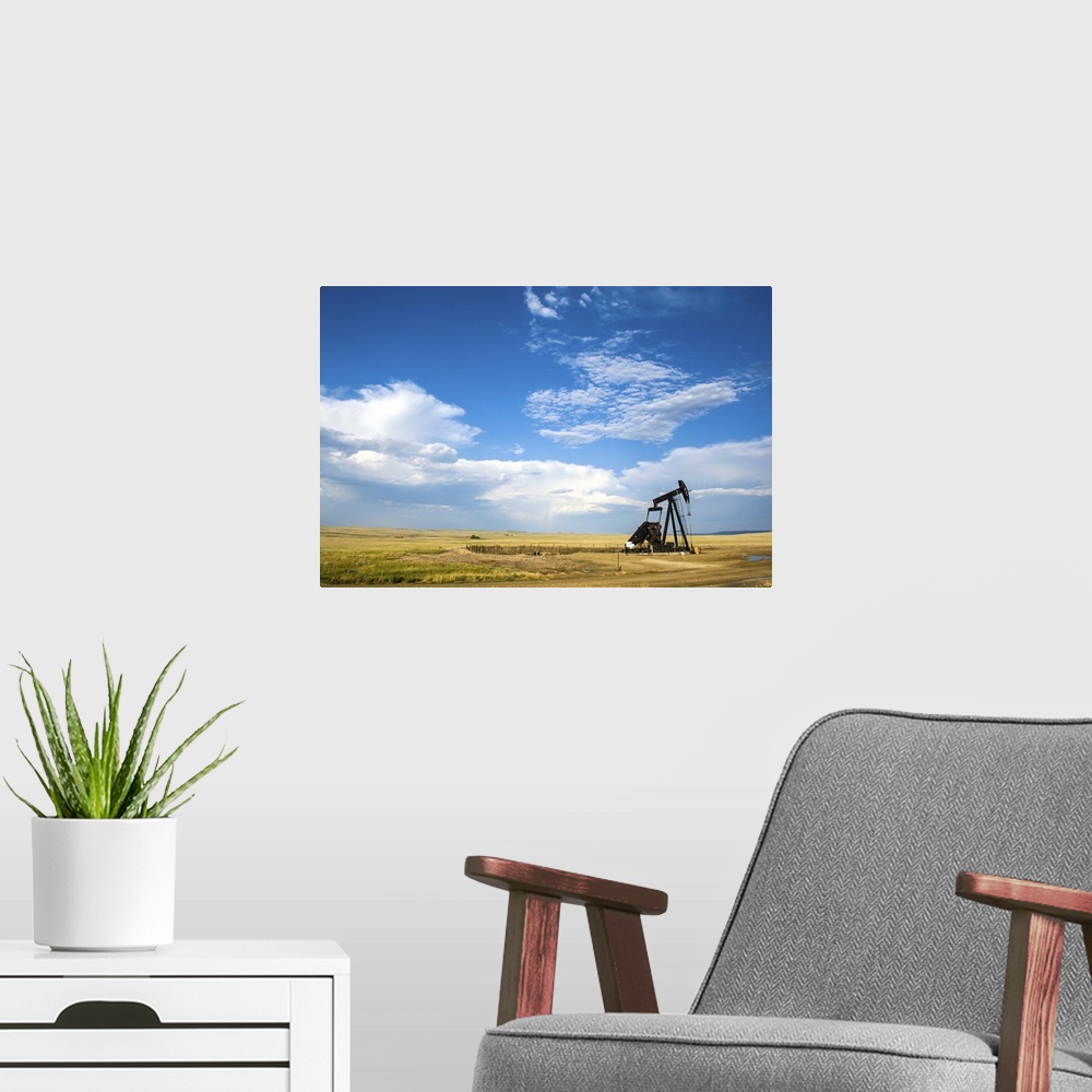 A modern room featuring Oil rig in the savannah of Wyoming, United States of America, North America.