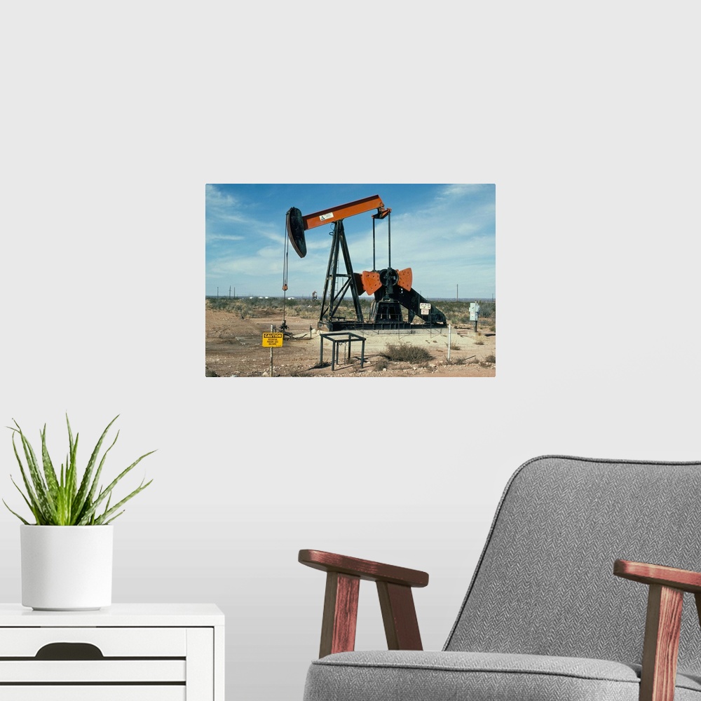 A modern room featuring Oil well pump, near Odessa, Texas, USA
