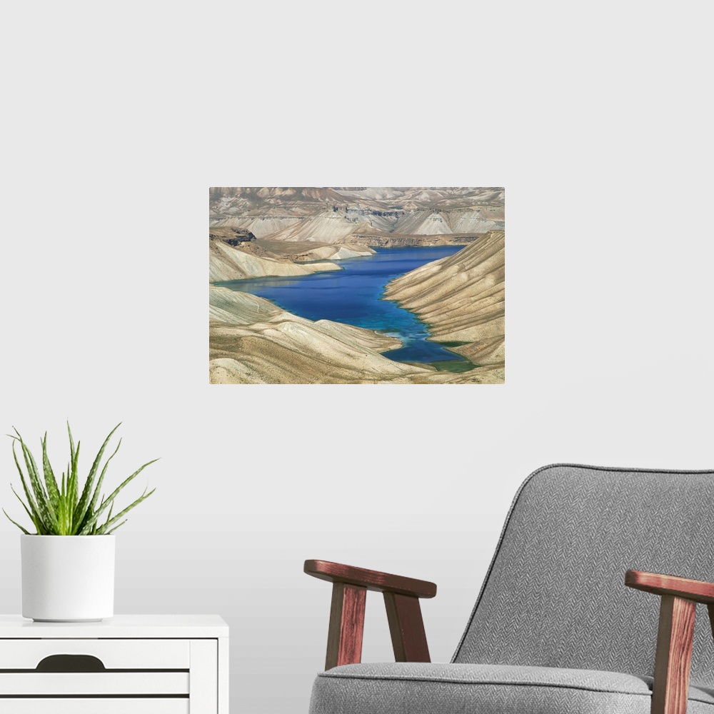 A modern room featuring One of the crater lakes at Band-E-Amir, Afghanistan, Asia