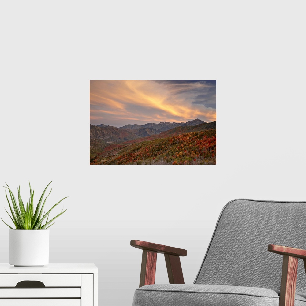A modern room featuring Orange clouds at sunset, Uinta National Forest, Utah