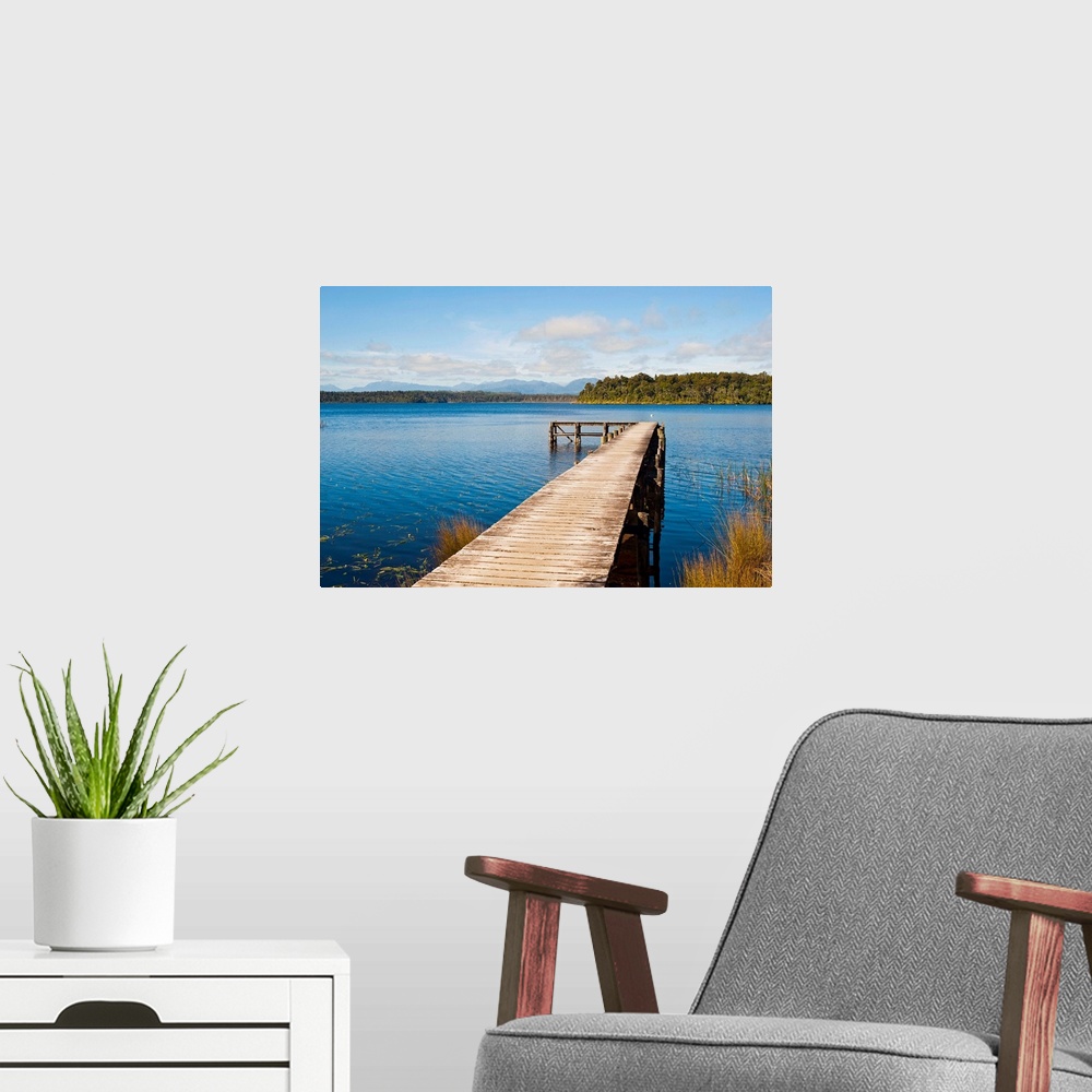 A modern room featuring Pier at Lake Mahinapua, West Coast, South Island, New Zealand, Pacific